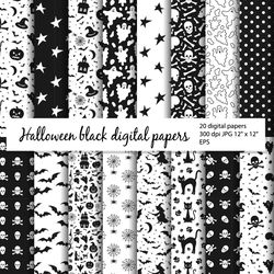 Halloween digital paper bundle, 20 black and white seamless patterns in EPS and JPG formats, 300 dpi