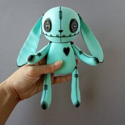 Handmade Bunny Stuffed Animal, Creepy Cute Pastel Goth Art Doll, Mint Bunny Toy