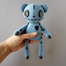 Handmade Bear Stuffed Animal, Creepy Cute Goth Art Doll, Blue Bear Toy
