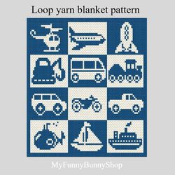 Loop yarn  Finger knitted Vehicles blanket pattern PDF Download