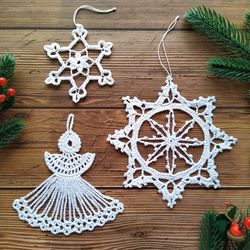 Crochet ornaments Christmas set 3 Crochet angel patterns for beginners Crochet lace snowflakes decorations pattern easy