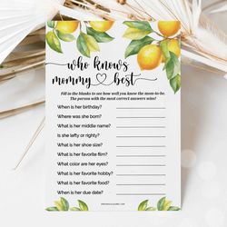 Who Knows Mommy Best Lemon Baby Shower Game, Summer Baby Shower Who Knows Mommy Best Game Citrus Baby Shower Mommy Quiz