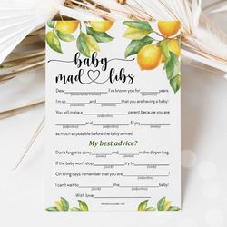 Baby Mad Libs Lemon Baby Shower Game, Citrus Baby Shower Baby Mad Libs Game, Fun Baby Mad Libs Summer Baby Shower Game