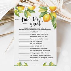 Find The Guest Lemon Baby Shower Game, Citrus Baby Shower Find The Guest Game, Summer Baby Shower Fun Guessing Game Card