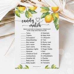 Candy Match Lemon Baby Shower Game, Guessing Game Candy Name Citrus Baby Shower, Summer Baby Shower Candy Match Game
