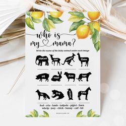 Baby Animals Game Who is my Mama Lemon Baby Shower, Citrus Baby Shower Game Who is my Mommy Baby Animals Guessing game