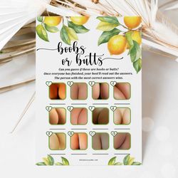 Boobs Or Butts Lemon Baby Shower Game, Citrus Baby Shower Boobs Or Butts Game, Summer Baby Shower Fun Guessing Game Card