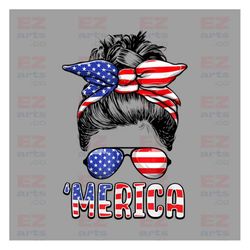 all american girl png, fourth of july png, print, girl, woman, messy bun, mom bun, fourth of july, american, flag, digit
