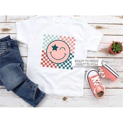 4th of july dtf transfers ready to press, t-shirt transfers, direct to film heat transfer, checkered smiley face, ready