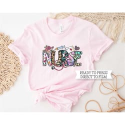 nurse dtf transfer ready to press, t-shirt transfers, heat transfer, nurse direct to film, pink leopard nursing, stethos