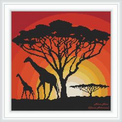 Cross stitch pattern Giraffes silhouette tree landscape savannah sunset sunrise Africa monochrome animal patterns PDF