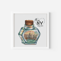 New York Cross Stitch Pattern PDF, Brooklyn Bridge Art Glass Jar Wall Decor Manhattan Bridge Embroidery Instant Download