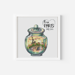 Paris Cross Stitch Pattern PDF, Eiffel Tower Counted Cross Stitch, Charming Glass Jar Embroidery Instant Download