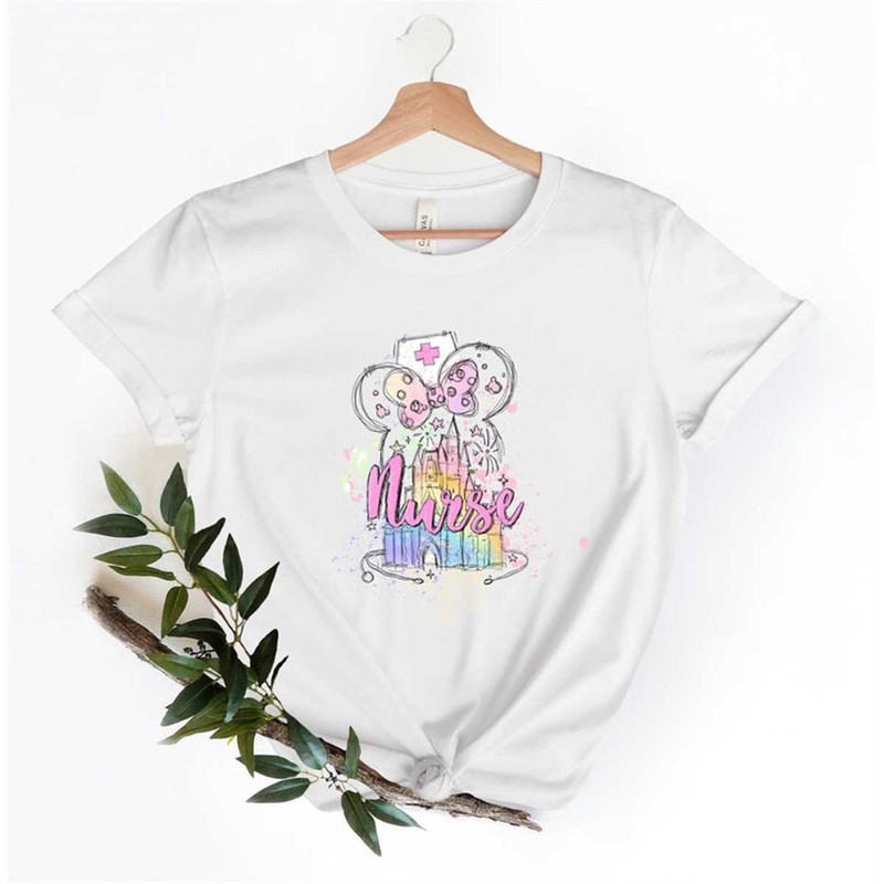 MR218202317931disneywatercolorcastleminnienurseshirtminnienurseimage1jpg