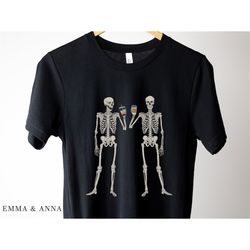 skeleton drinking coffee shirt, skeleton shirt, halloween crewneck, halloween shirt, halloween party shirt, skeleton t-s