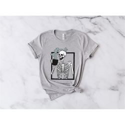 skeleton drinking coffee shirt, funny skeleton shirt, skeleton coffee shirt, skeleton tshirt, cute halloween shirt
