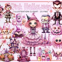25 pink halloween png, cute halloween bundle, halloween sublimation designs, wicked cute png, spooky sublimation bundle,