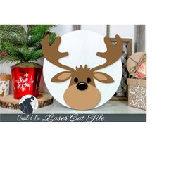 reindeer laser cut file, christmas svg, laser ready, glowforge design, cute reindeer craft, round holiday sign svg, chri