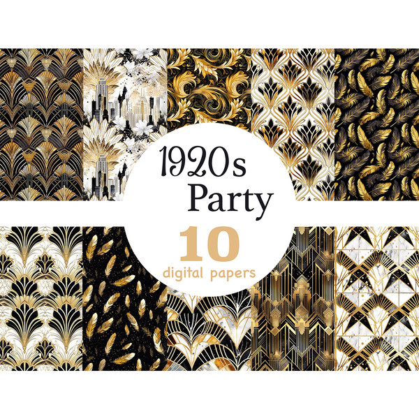 1920s Party Papers. Black and Gold Foil Art Deco Digital Paper, Flapper Seamless Patterns, retro wedding invitation paper, birthday party seamless pattern, New