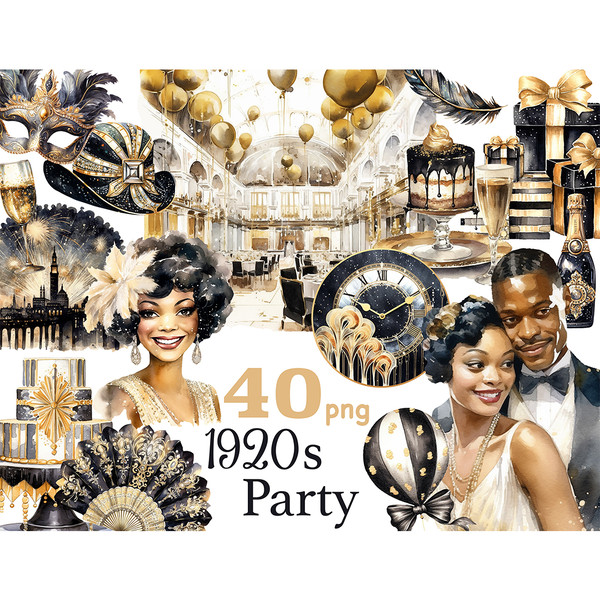1920s Party Black Clipart. Retro black wedding couple in 1920s suits. Interior of a glamorous 1920s wedding hall. Masquerade mask, female fan, tiered wedding ca