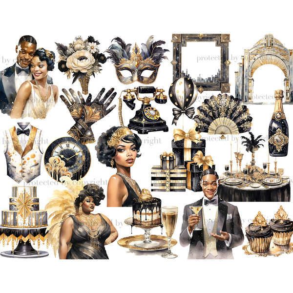 1920s Party Black Clipart. Retro black wedding couple in 1920s suits. Plus size body positive black girl from the 1920s. Wedding cakes, cupcakes, champagne, ret