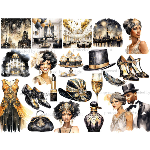 1920s Party Black Clipart. Retro black wedding couple in 1920s suits. Black girls in glamorous dresses from the 1920s. Scene with fireworks in the night sky. Bl