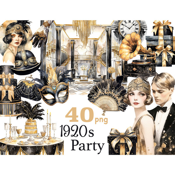 1920s Party White Clipart. Retro wedding couple in 1920s costumes. Interior of a glamorous 1920s wedding hall. Masquerade mask, female clutch, tiered wedding ca