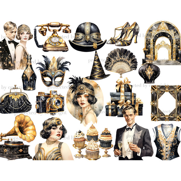 1920s Party White Clipart. Retro wedding couples in 1920s costumes. Glamorous gramophone, shoes, hat, perfume bottle, gifts, cupcakes, clutch, champagne, retro