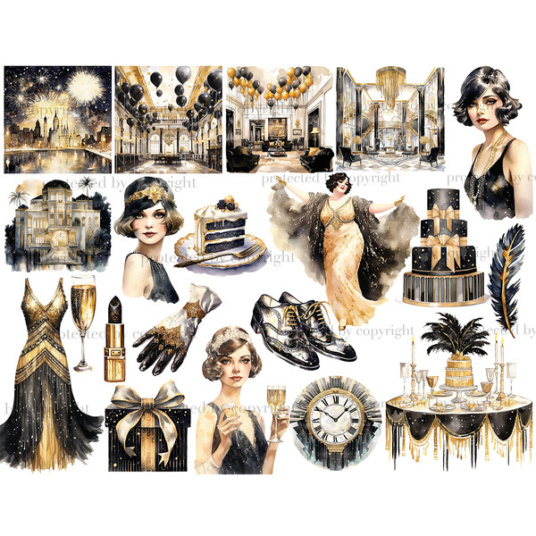 1920s Party White Clipart. Retro glamor girls from the 1920s. Scene with fireworks in the night sky. Black-white-gold interiors for a wedding, new year, birthda