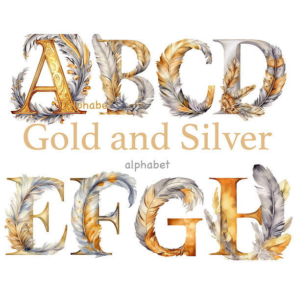 Gold and Silver Alphabet Clipart. Silver Retro letters c for flapper Invitation letters A, B, C, D, E, F, G, H. Retro flapper party art nouveau alphabet letters