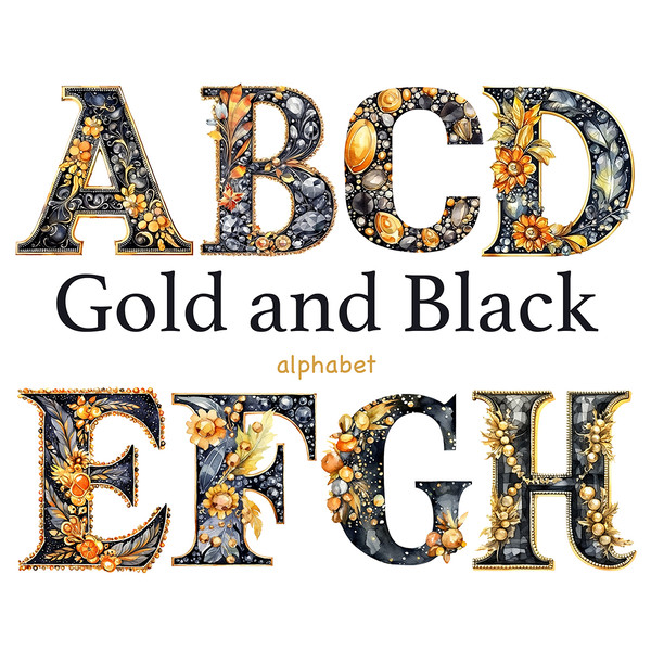 Gold and Black Alphabet Clipart. Black Retro letters c for wedding invitations letters A, B, C, D, E, F, G, H. Retro flapper party alphabet letters in 1920s sty