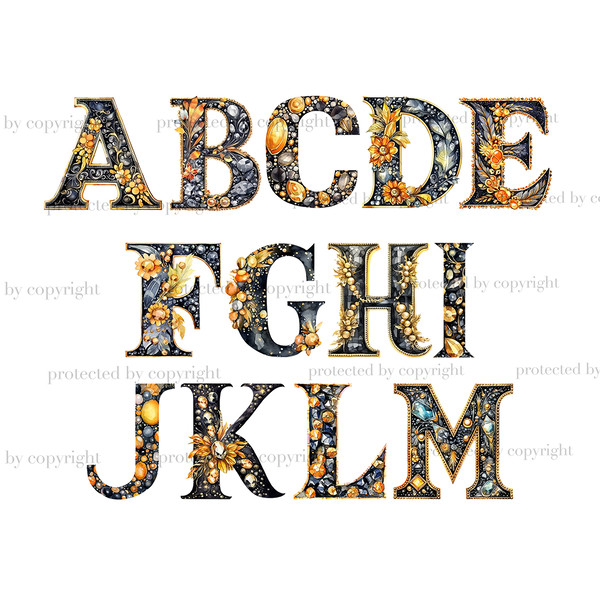 Gold and Black Alphabet Clipart. Black Retro letters c for wedding invitations letters A, B, C, D, E, F, G, H, I, J, K, L, M. Retro flapper party alphabet lette