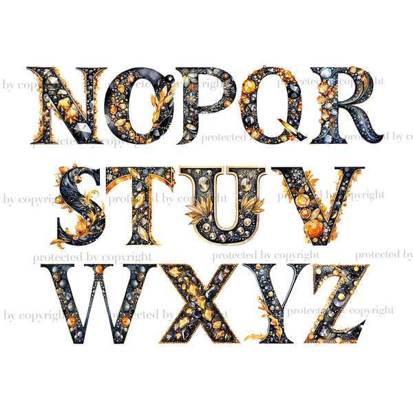 Gold and Black Alphabet Clipart. Black Retro letters c for wedding invitations letters N, O, P, Q, R, S, T, U, V, W, X, Y, Z. Retro flapper party alphabet lette