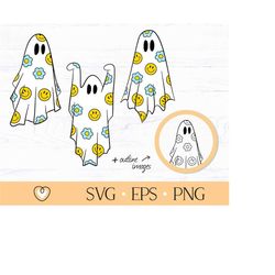 retro ghosts svg, smiley face and daisy svg, groovy halloween svg, hippie halloween svg, png files