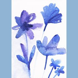 Floral watercolor painting. Blue color palette wild flowers drawing