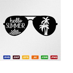 hello summer sun palm trees sunglasses svg, dxf, eps, ai, cdr vector files for silhouette, cricut, cutting plotter, png
