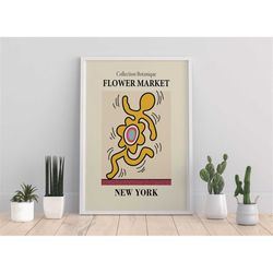keith haring dancing flower poster, printable home decor, haring yellow wall print, popular abstract art, digital entrwa