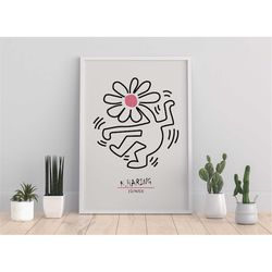 downloadable keith haring print, dancing pink flower wall art, popular printable digital decor, aesthetic exhibition art