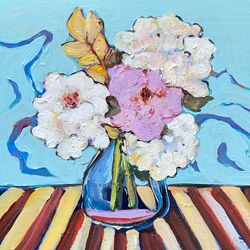 Flowers painting Original oil painting Galainart Still life painting White flowers Fauvism Striped tablecloth Wall decor