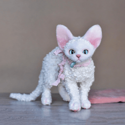 Stuffed cat devon rex. White Curly cat. Realistic cat gift. White kitten.