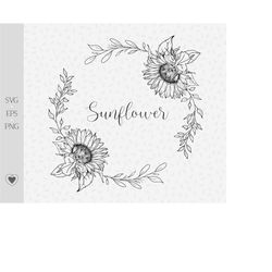 sunflower wreath svg, floral wreath svg, border svg, wedding clip art, flower frame png