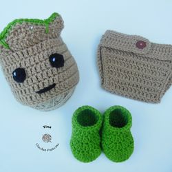 CROCHET PATTERN - Groot Hat, Diaper Cover and Booties Set | Tree Photo Prop | Crochet Baby Halloween Costume