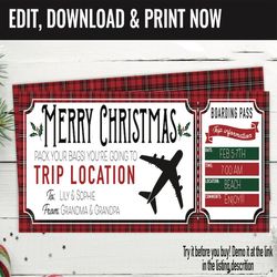 Christmas Boarding Pass Surprise Gift Voucher, Surprise Flight Trip Printable Template Gift Card, Editable Instant