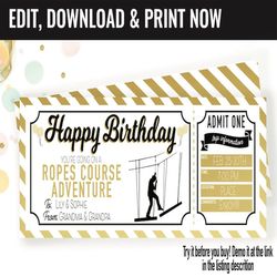 Birthday Surprise Ropes Course Adventure Gift Voucher, Ropes Course Trip Printable Template Gift Card, Editable Instant