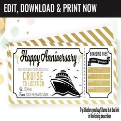 Anniversary Cruise Trip Ticket Surprise Gift Voucher, Boarding Pass Cruise Trip Printable Template, Editable Instant