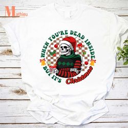 when you're dead inside but it's christmas vintage t-shirt, santa skeleton shirt, christmas gift, skeleton shirt
