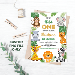personalized file safari birthday invitation png, wild one 1st birthday invite png, jungle animals invitation | png file