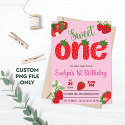 Personalized File Strawberry Sweet One 1st Birthday Invitation Png, Berry Theme Party Invite Png | PNG File