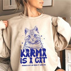 karma is a cat shirt, swiftie gift for her, flower cat purring in my lab shirt, karma is a cat t shirt, swiftie youth sh