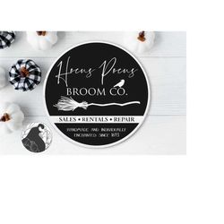 round halloween sign svg, hocus pocus broom co, witch broom cut file, fall door hanger, halloween welcome, cricut files